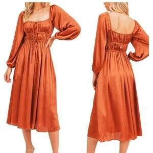 [Lulus] Lush Burnt Orange Juliet Satin Balloon Sleeve Boho Midi Dress NWT Sz XL